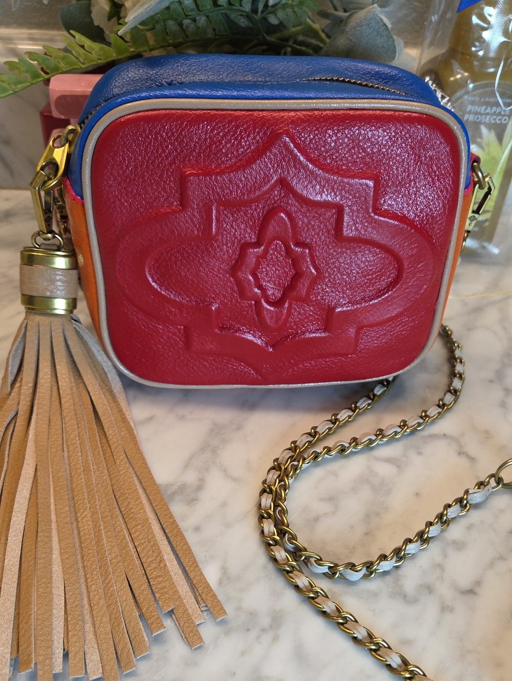 OrYany Leather Crossbody Bag with Tassel - Red Blue Orange Color Block